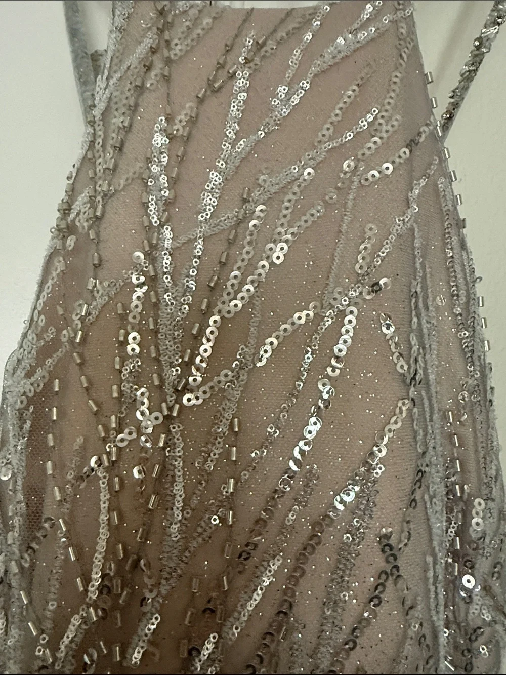 Terani Couture Silver Nude  Sequin Beaded Halter Strap Evening Gown